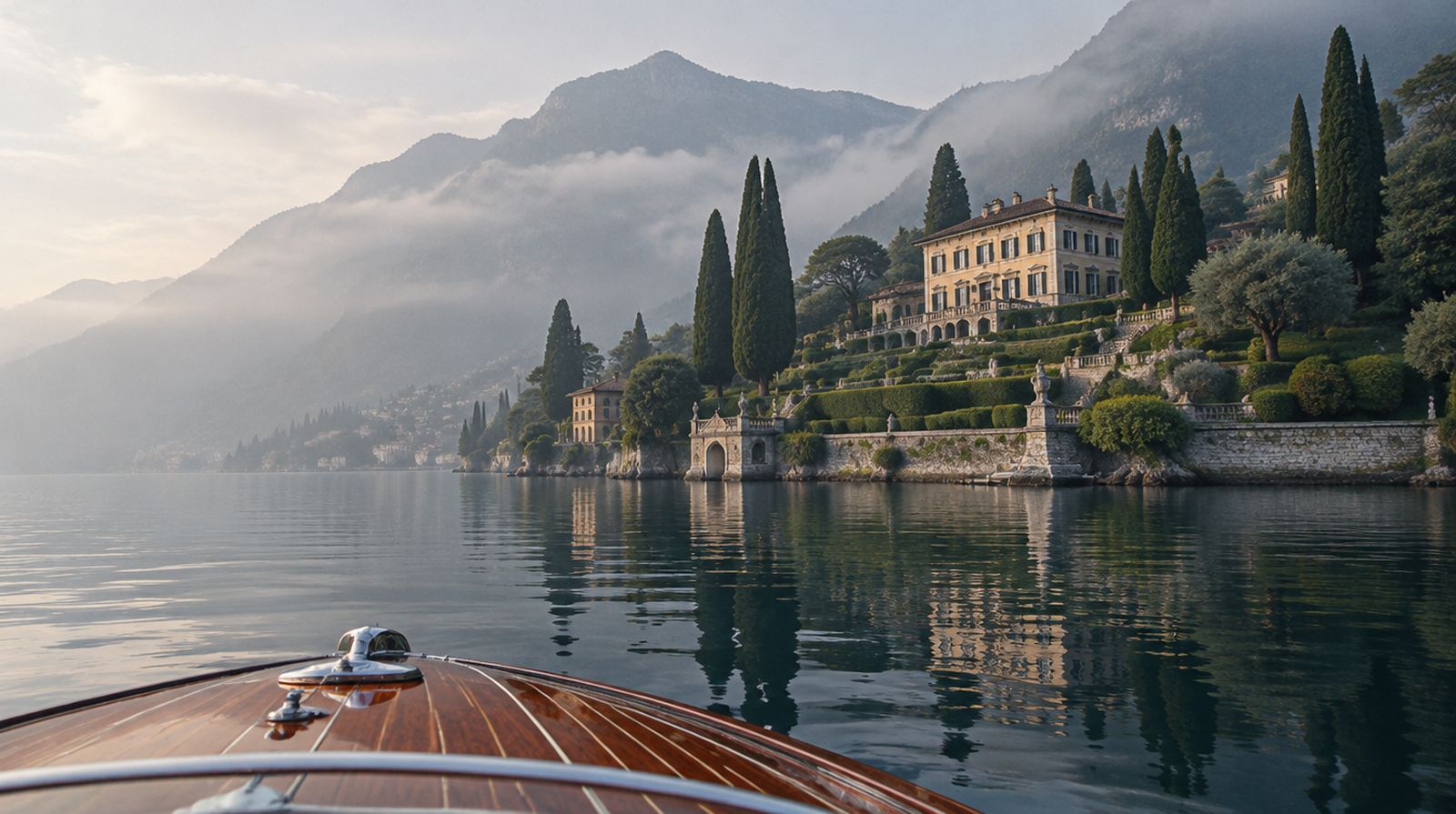 A villa on Lake Como seen from the water in the early morning