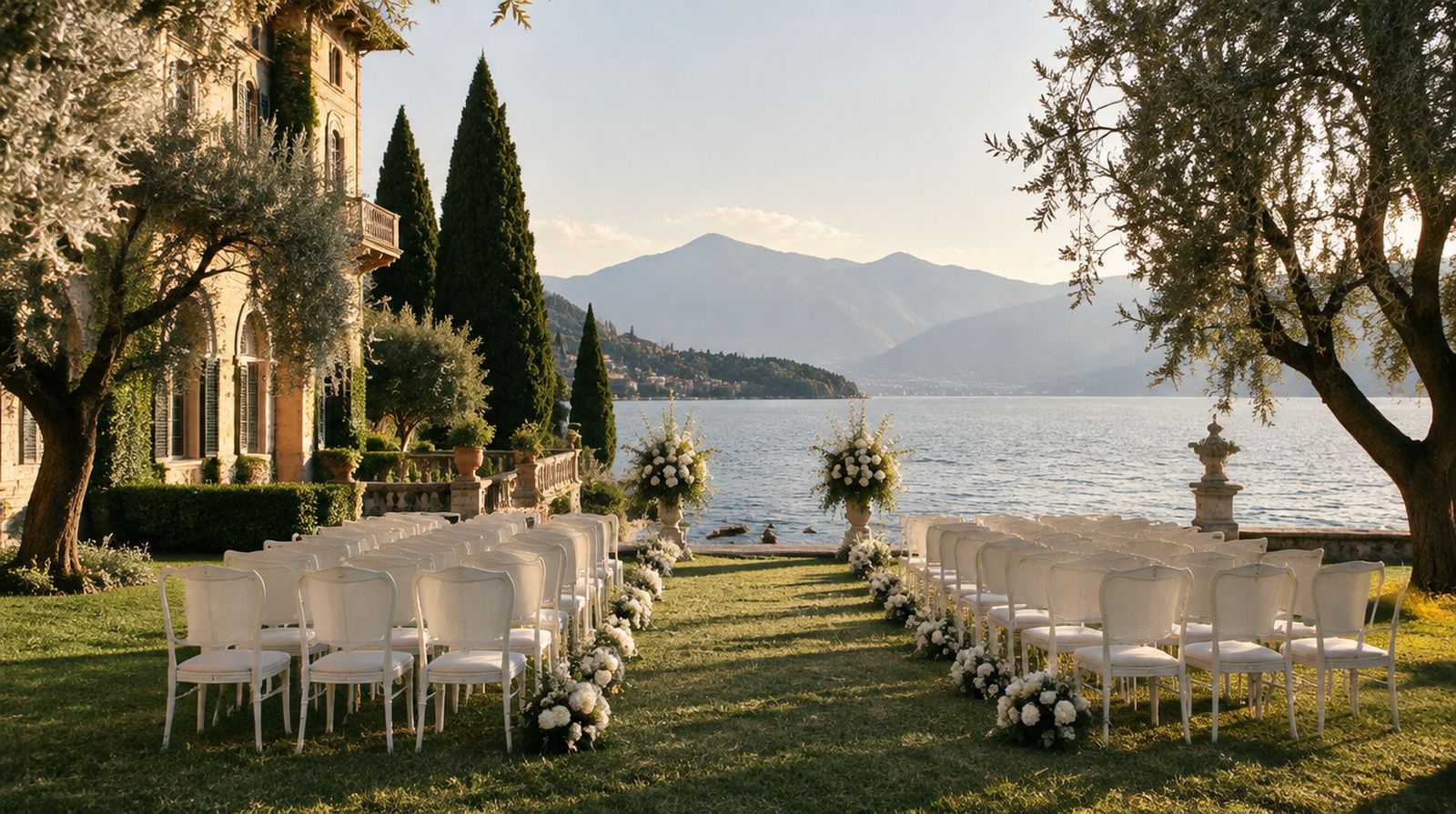 A lakeside lawn on Lake Garda set with white chairs for a ceremony